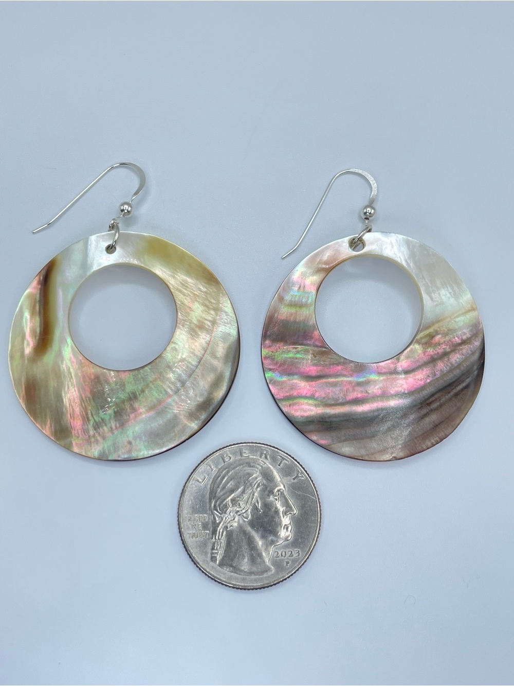 Vintage Abalone Shell Statement Circle Dangle Earrings 925 Sterling Hooks